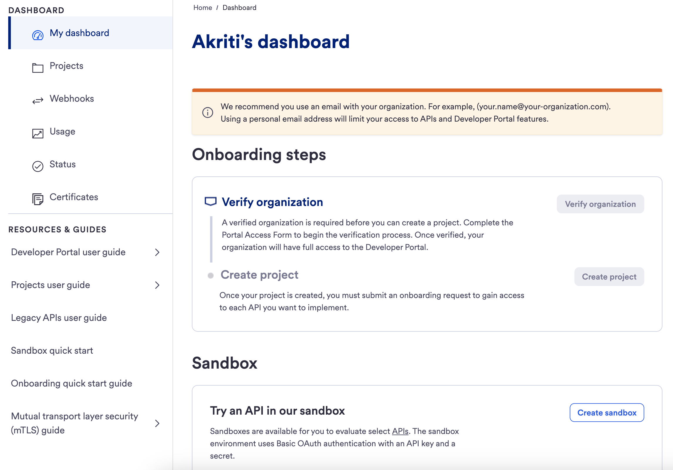 Redesigned U.S. Bank Developer Dashboard